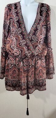 Chelesa Violet Burgundy Floral Print Romper Small Long Bell Sleeves Lightweight